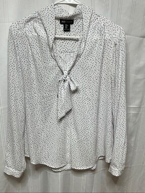 JNY White Tie-Neck Blouse with Navy Micro Dots